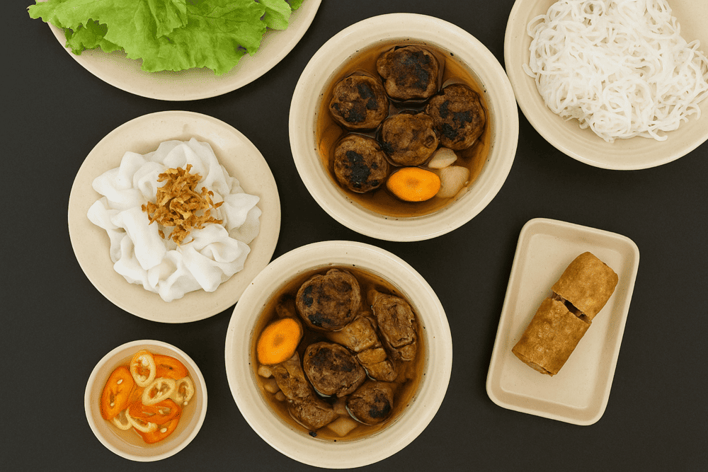 The flavor of the bun cha is elevated by the addition of fragrant grilled beef wrapped in betel leaves